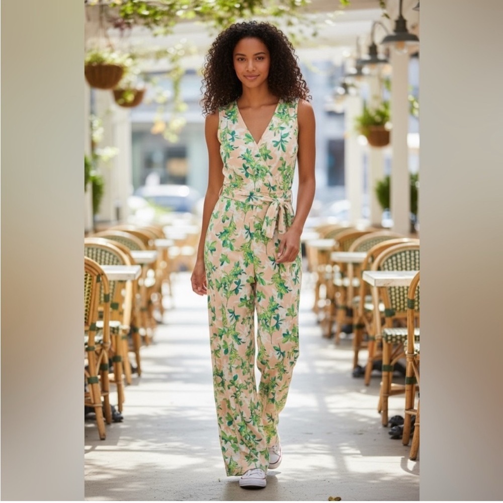 C Wonder by Christian Siriano Wide Leg Knit Jumpsuit leaf print Size S